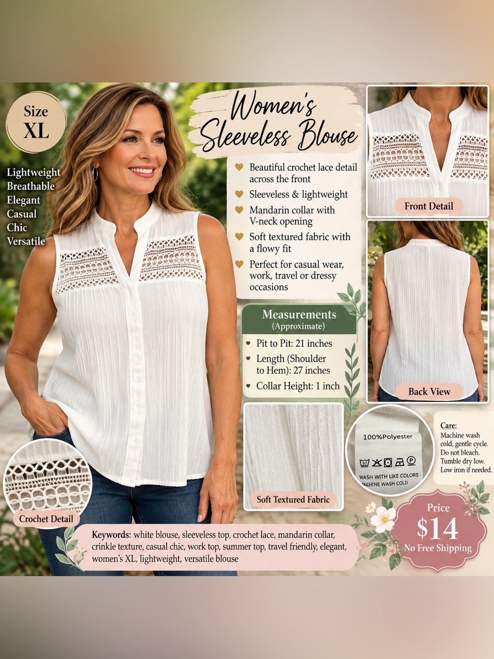Sleeveless White Crochet-Yoke Pleated Blouse - Classic Summer Top